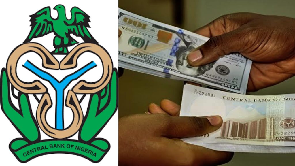 A picture combination of CBN logo and Naira & Dollar being exchanged by hand 