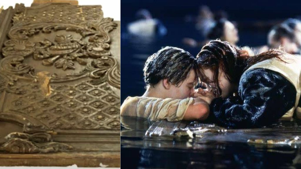 A picture combination of a piece of cinematic history Titanic wood panel and the Titanic lovers