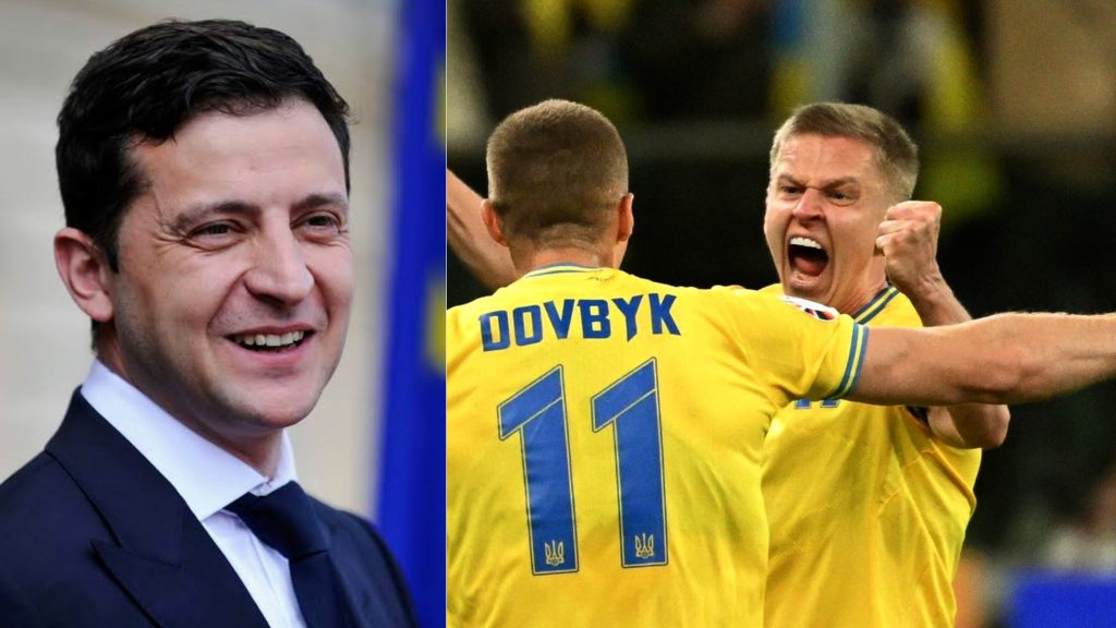 A picture of the President of Ukraine and two Ukraine football team players 