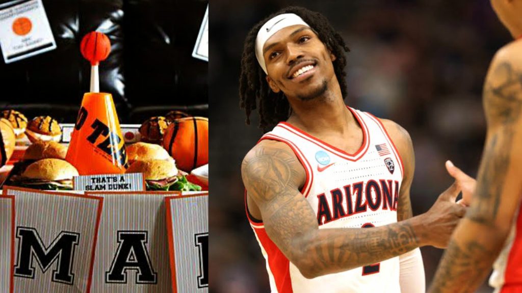 The NCAA Basketball Tournament: A picture combination of March madness party snacks and a basketball player 