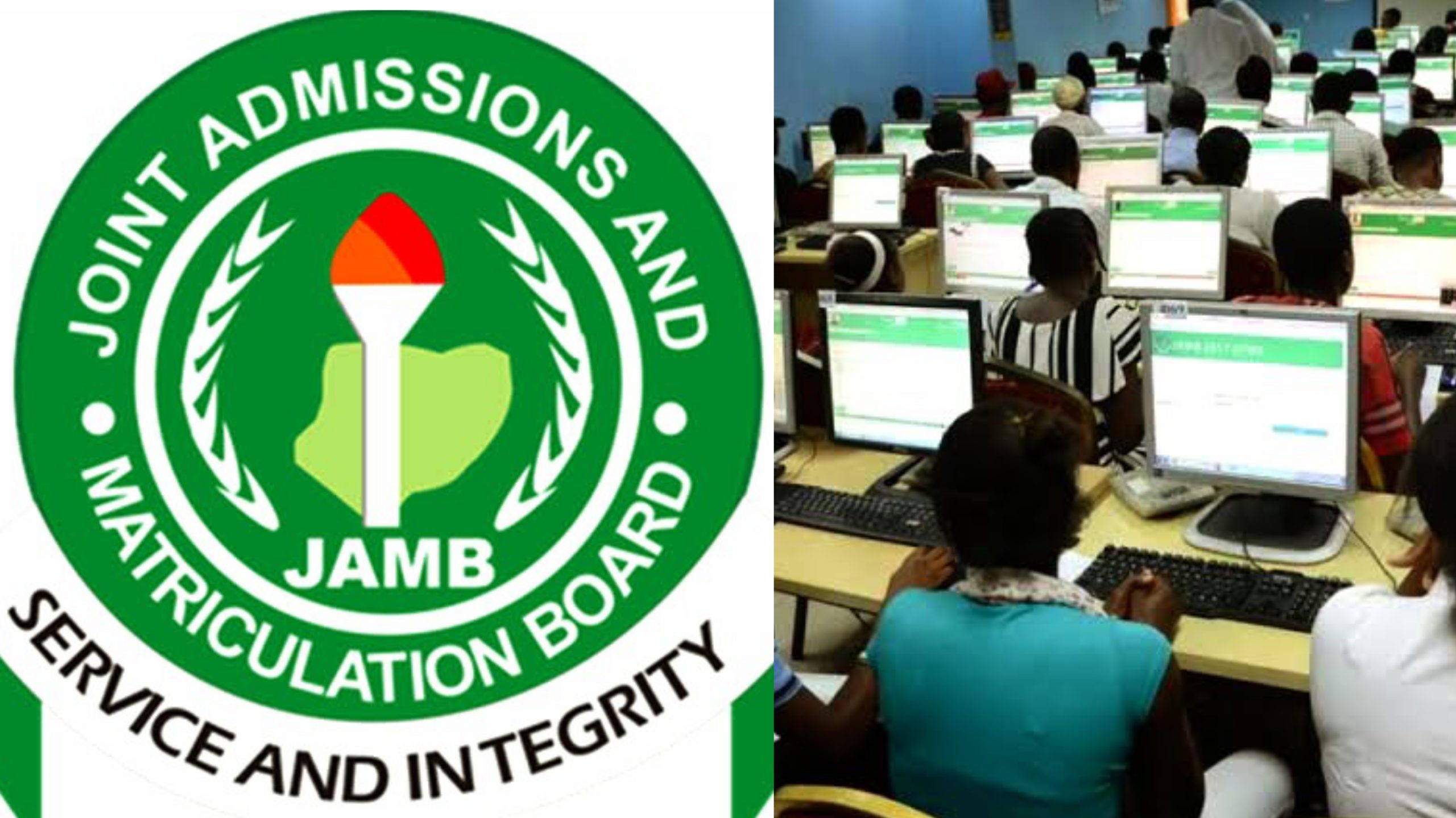 A picture combination of JAMB logo and UTME candidates in an exam hall