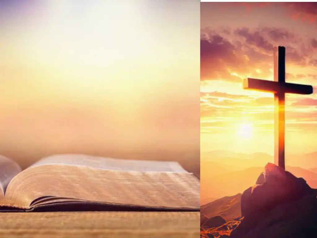 A picture combination of the Holy bible and the cross of calvary 