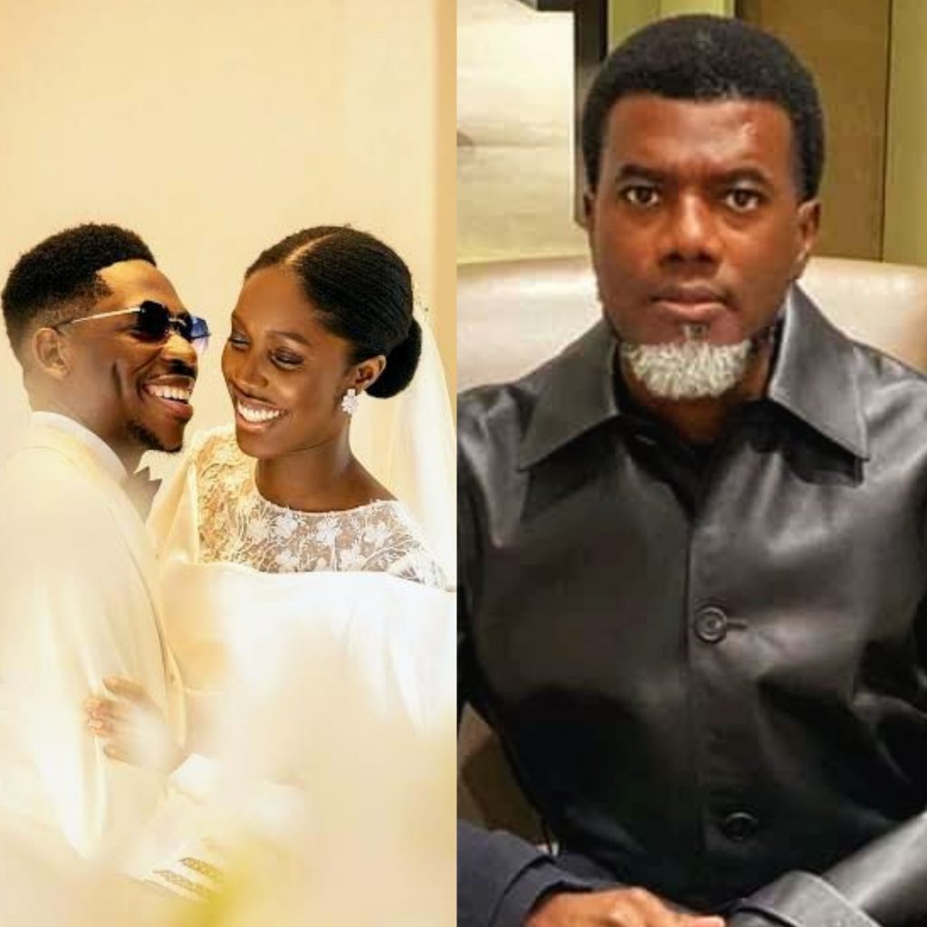 A picture combination of Moses Bliss white wedding picture and a picture of Social Commentator Reno Omokri 