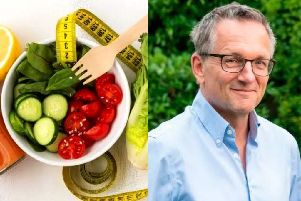 A picture combo of Dr. Michael Mosley and a plate of Diet