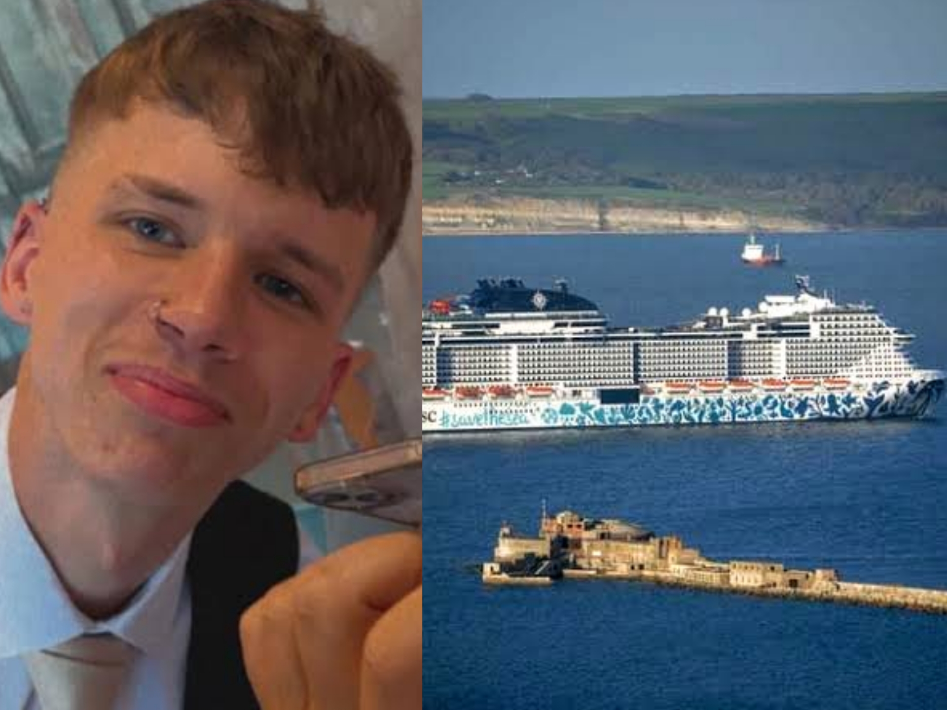 A picture combination of Liam Jones and the ship where the incident occurred 