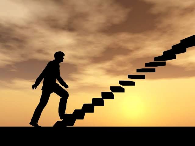 An animated picture of a man walking up a staircase 