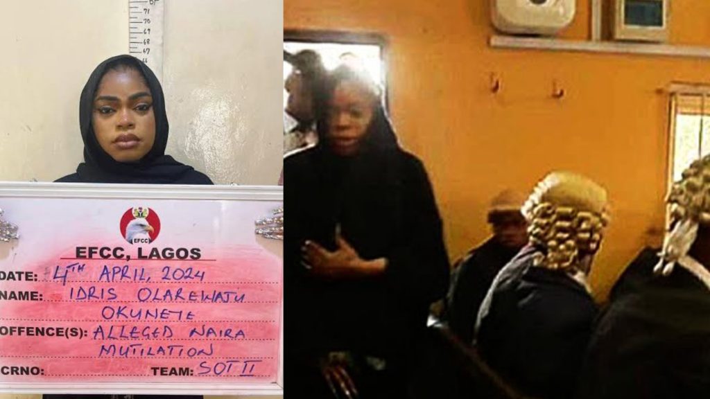 Bobrisky Admitted Guilty on Friday to Charges of Naira Abuse: A picture combination of Bobrisky being charged and a picture of him in court 