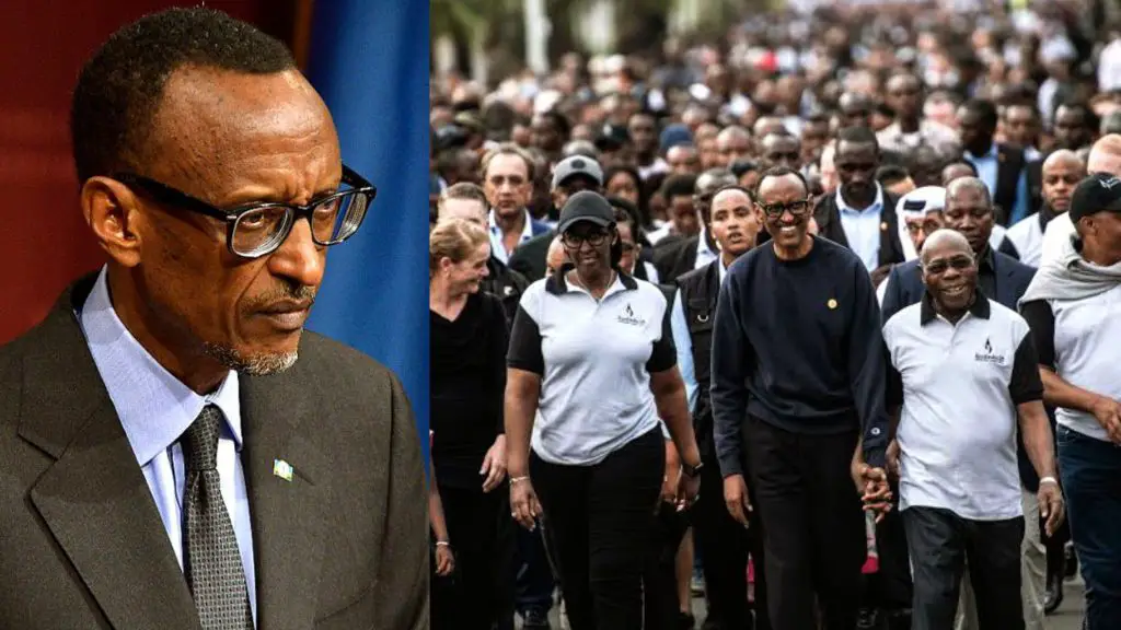 Rwanda Has Made Remarkable Strides Over Three Decades: A picture combination of Rwanda President and a picture of him in a rally with the citizens 