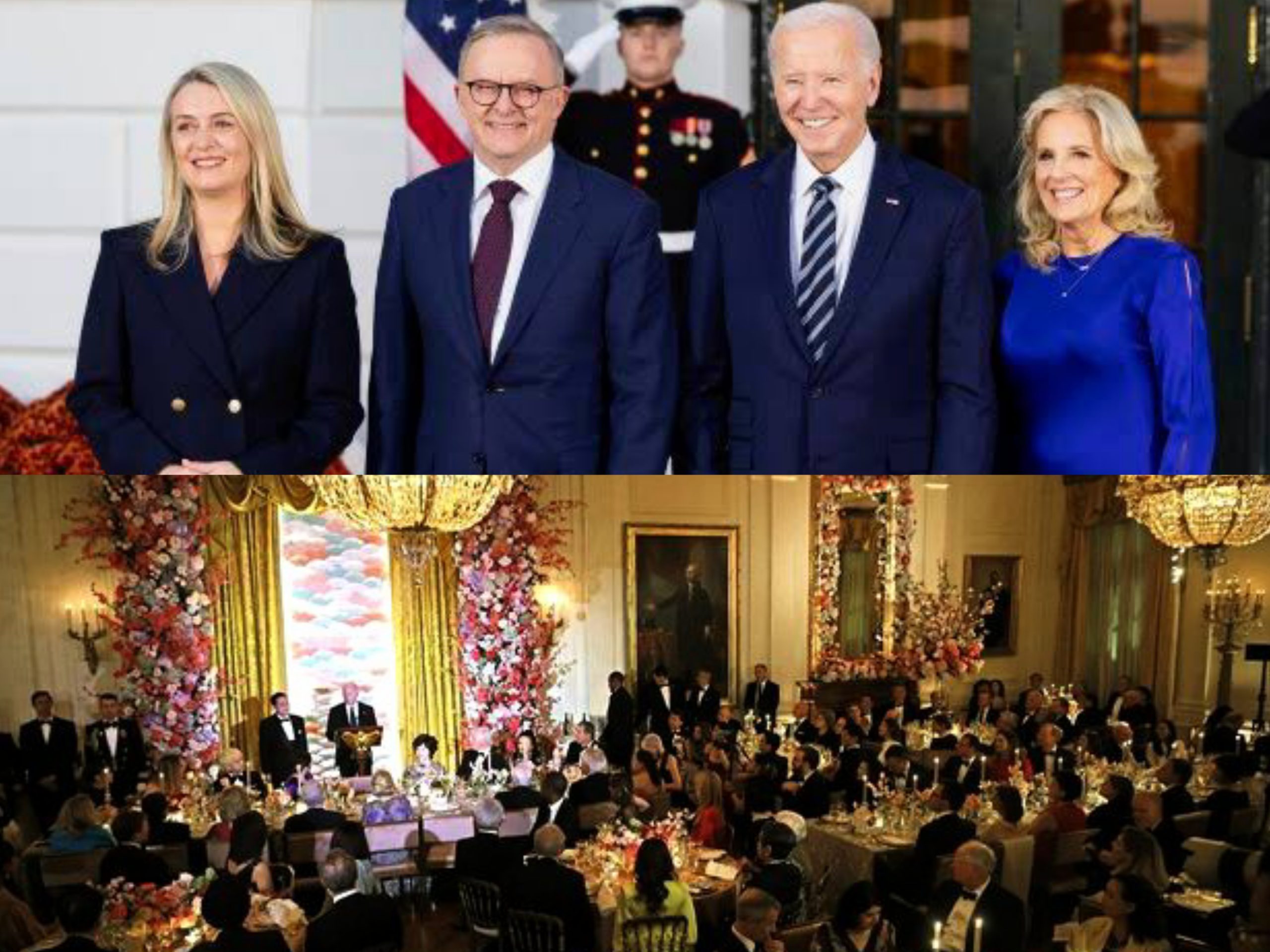 A Devastating Mass Shooting: A picture combination of President Biden and the Japanese Prime Minister and a picture of the State Dinner party 
