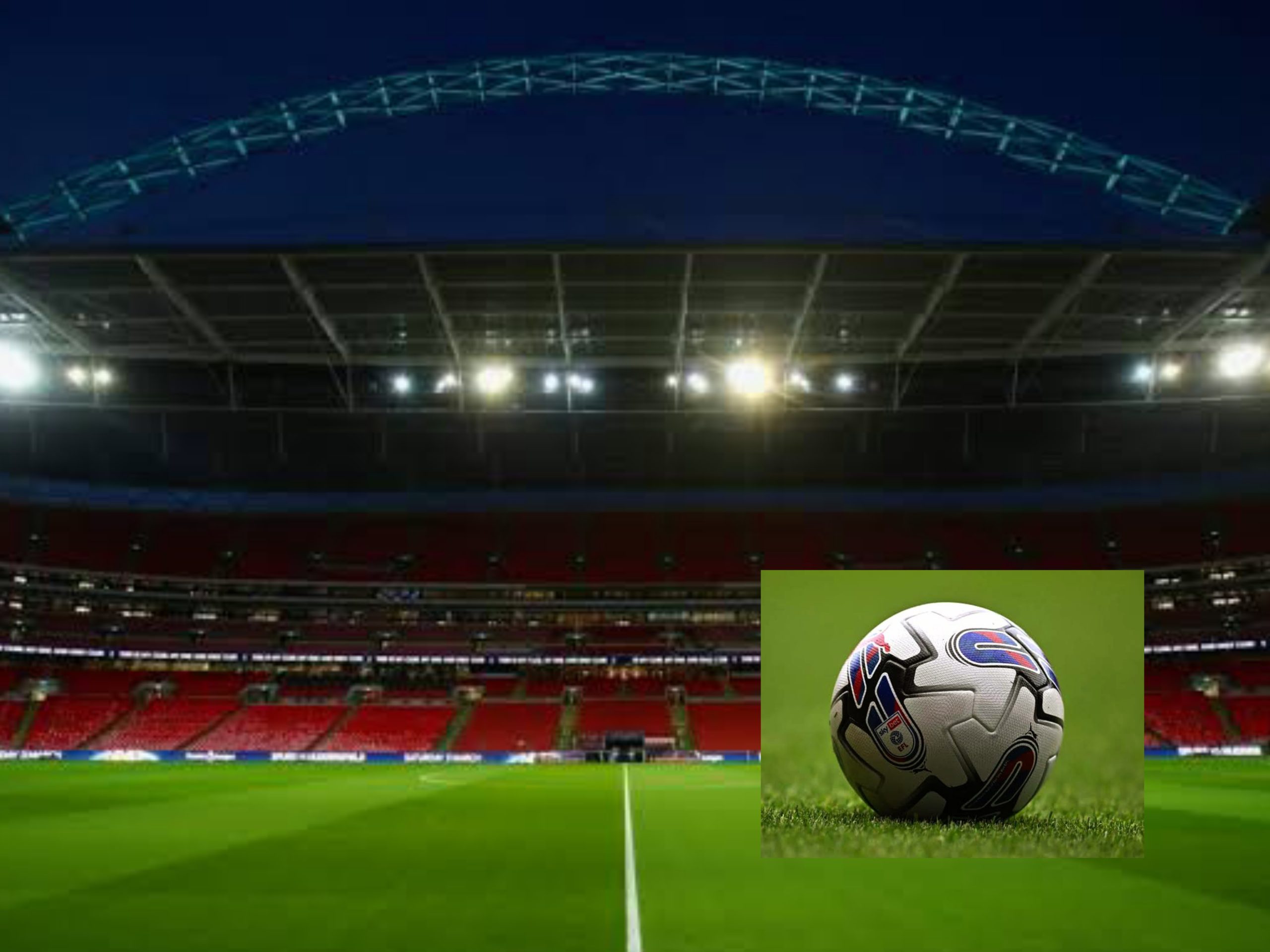 A picture combination of Premier League football field and a picture of a football 