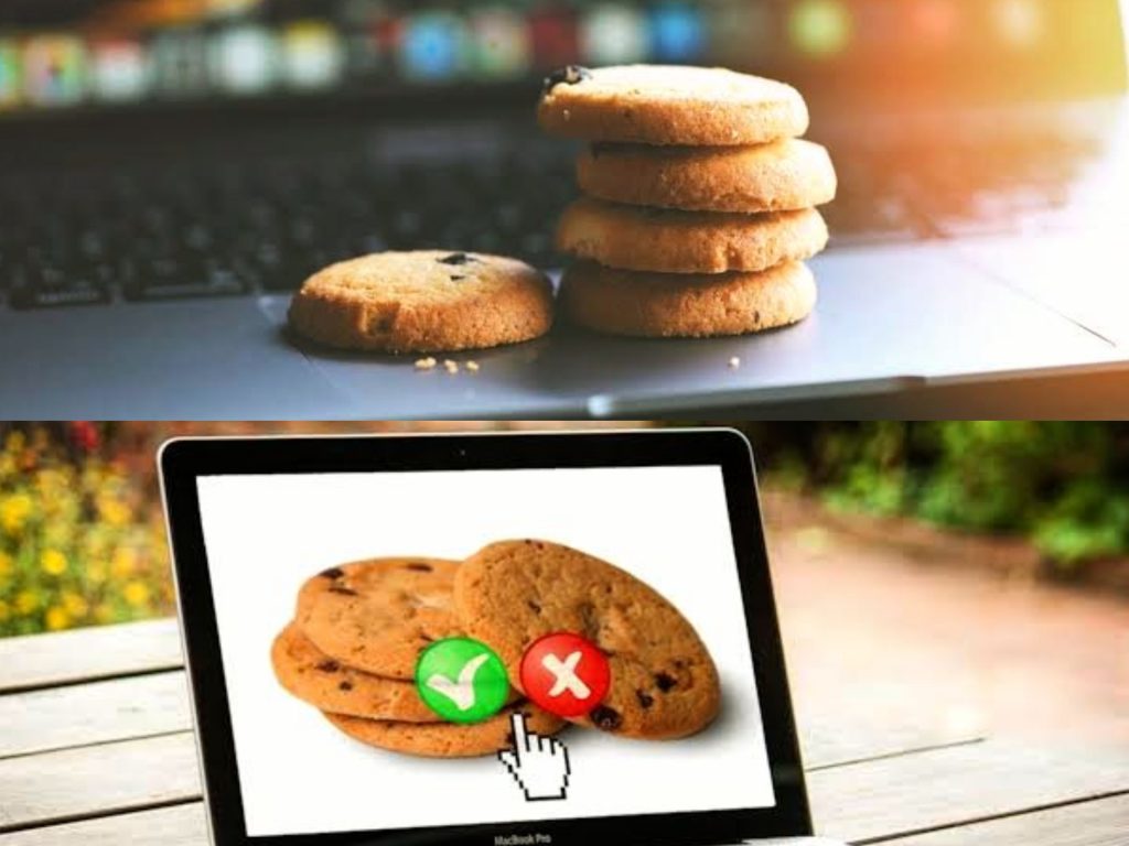 Picture combination of cookies on a laptop and a laptop with cookies display on it