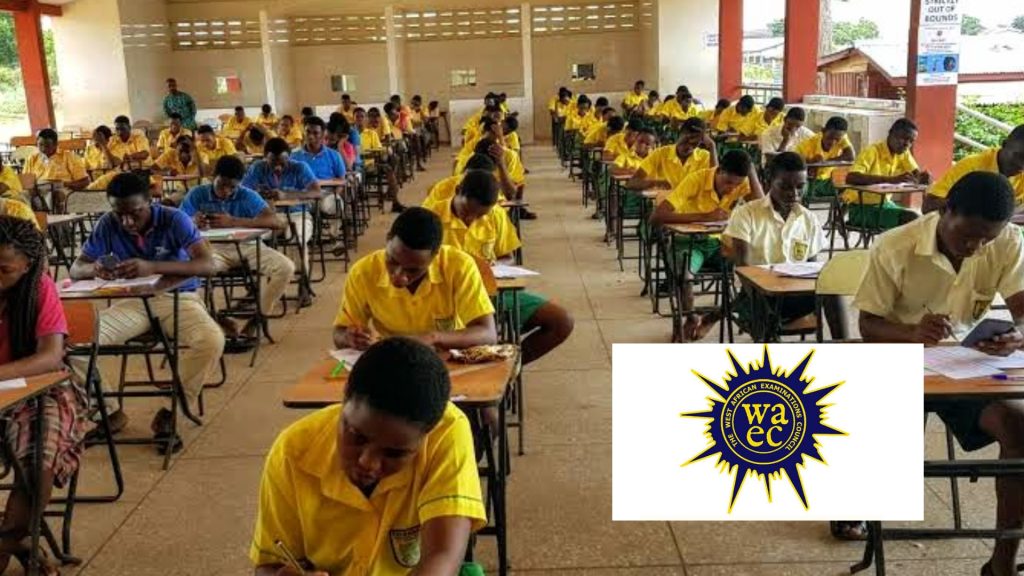 A picture combination of secondary school students in a classroom writing exams and WAEC logo