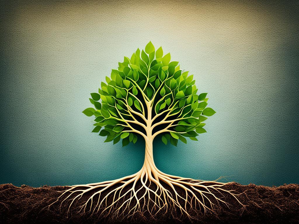 A tree growing from a small seed, with each branch representing a different area of personal growth and development. The roots are deep and strong, symbolizing the foundation needed for personal growth. The leaves are vibrant and diverse, representing the many facets of personal development.