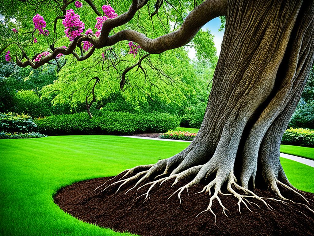 A tree with roots digging deep into the ground, surrounded by lush greenery and vibrant flowers blooming. The trunk of the tree is strong and sturdy, reaching towards the sky with branches extended. At the base of the tree, there is a small shovel and watering can, symbolizing the effort and care needed for personal growth. The image should convey a sense of determination and resilience, as well as the beauty that comes with personal development.