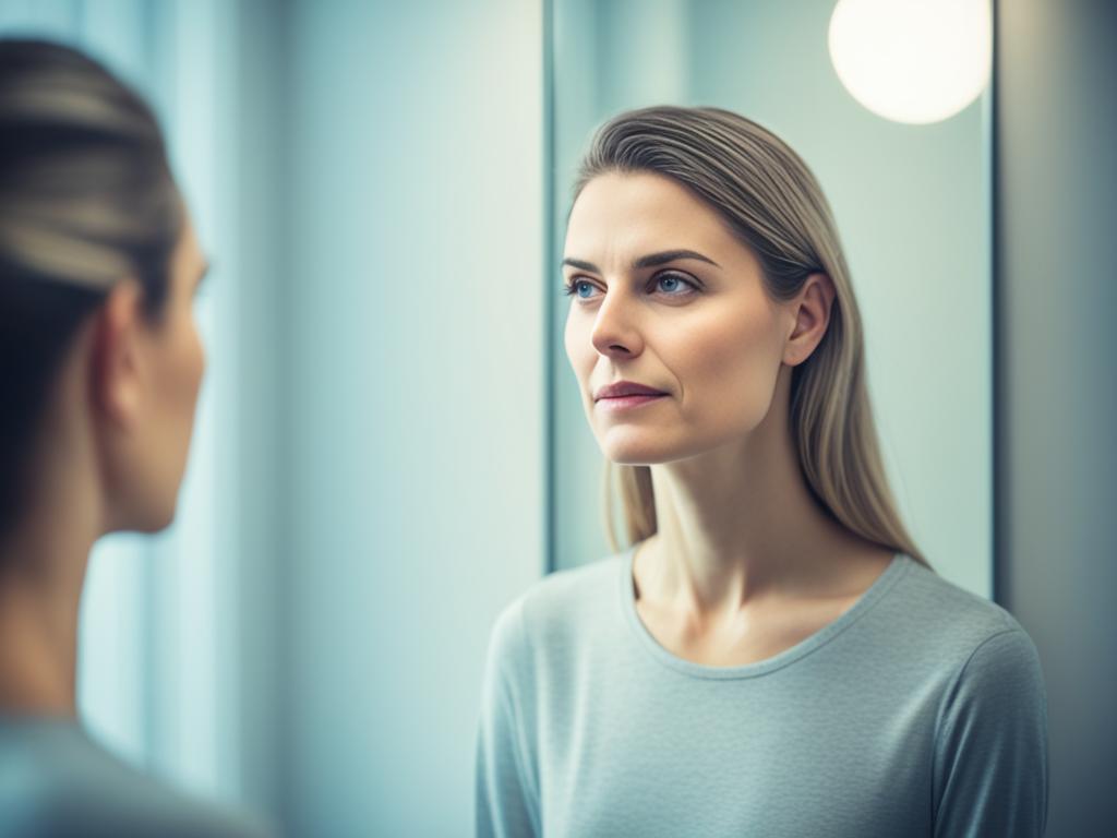 A person standing in front of a mirror, looking at their reflection with a thoughtful and introspective expression. The mirror reflects not only their physical self, but also their inner self - their thoughts, emotions, and values. The reflection is partly transparent, showing that self-awareness involves seeing both the outer and inner aspects of oneself. The background is blurred to represent the focus on self-reflection and introspection.