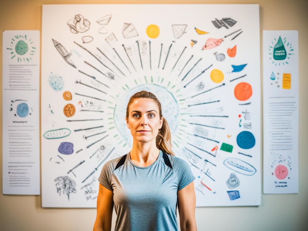 A lady standing in front of a blank canvas, looking determined and focused. In the background, there are small images of different healthy habits such as running shoes, a water bottle, and a yoga mat. In the foreground, the person is holding a pencil and drawing out their goals, with a determined look on their face. There is a sense of energy and motivation in the image, as if the person is ready to take on any challenge to reach their goals.