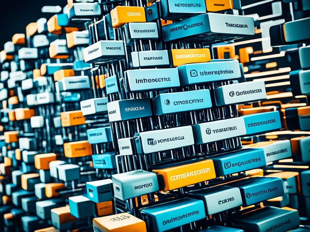 An image of a network of interconnected blocks representing secure digital transactions and information storage. Each block is linked to the previous one, forming an unbreakable chain of data. The blocks are distributed across an open, decentralized network, making it impossible for any individual or entity to manipulate or tamper with the information.