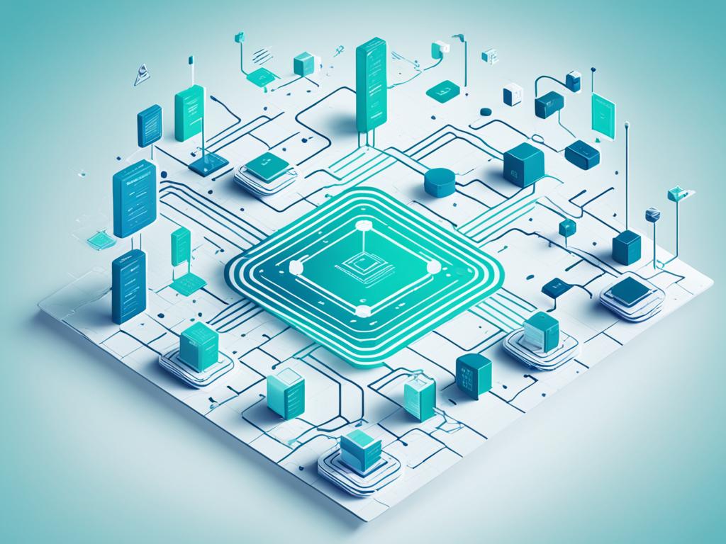 An image that represents the automation of business processes through "smart contracts" on the blockchain. The image shows how a complex system of interconnected blocks and lines, with each block representing a step in the process and each line representing the flow of information and data. A cool color palette is used to convey a sense of technological sophistication and efficiency.