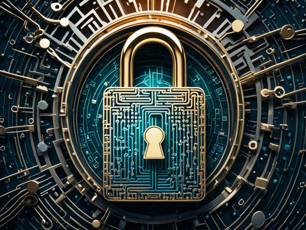 An image of a lock made of intricate code symbols, accompanied by a key that fits perfectly. Both are surrounded by shimmering lines and dots that represent the encryption and security features of blockchain technology.