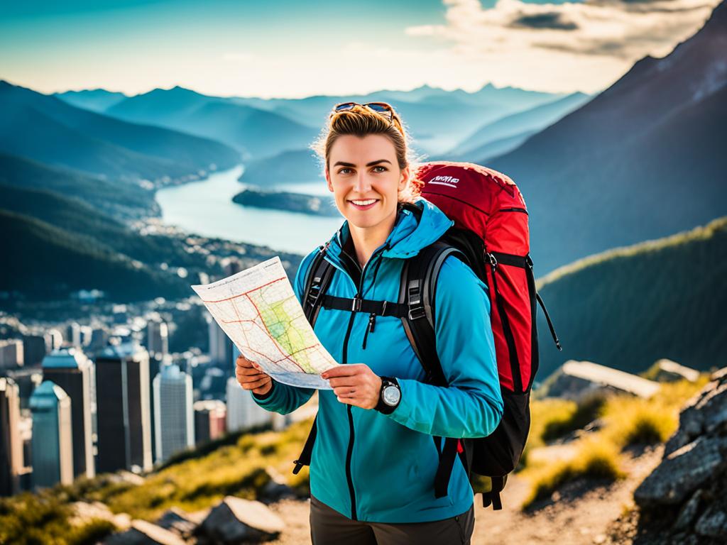 A lady standing at the foot of a mountain, holding a compass and map, looking determined and focused on the path ahead. In the distance is a city skyline symbolizing success and opportunity. The person’s backpack is filled with tools and resources for starting a business.