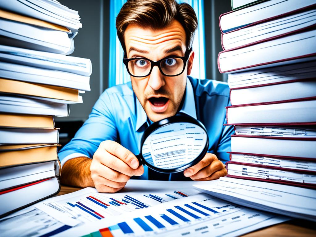 A man holding a magnifying glass, examining a chart with columns and rows, surrounded by piles of documents and books.