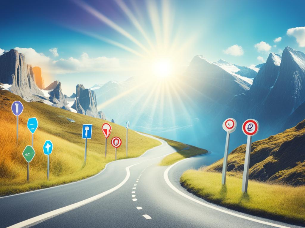 A winding road with various career-related objects and symbols scattered along the sides. The road leads towards a bright light in the distance, representing the potential success that comes with choosing the right career path.