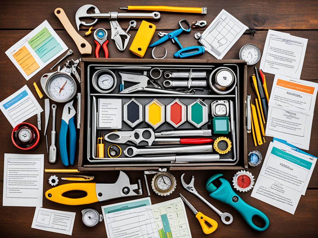 An image of a toolbox filled with various tools, each tool representing a different aspect of self-assessment for exploring one's interests and passions. The tools include a magnifying glass for examining one's strengths and weaknesses, a compass for setting goals and priorities, a map for exploring potential career paths, and a journal for reflecting on one's thoughts and feelings. The toolbox is prominently featured in the center of the image, with the various tools arranged around it in an organized and visually appealing way. The overall style is clean and modern, with a bright color scheme that conveys energy and optimism.