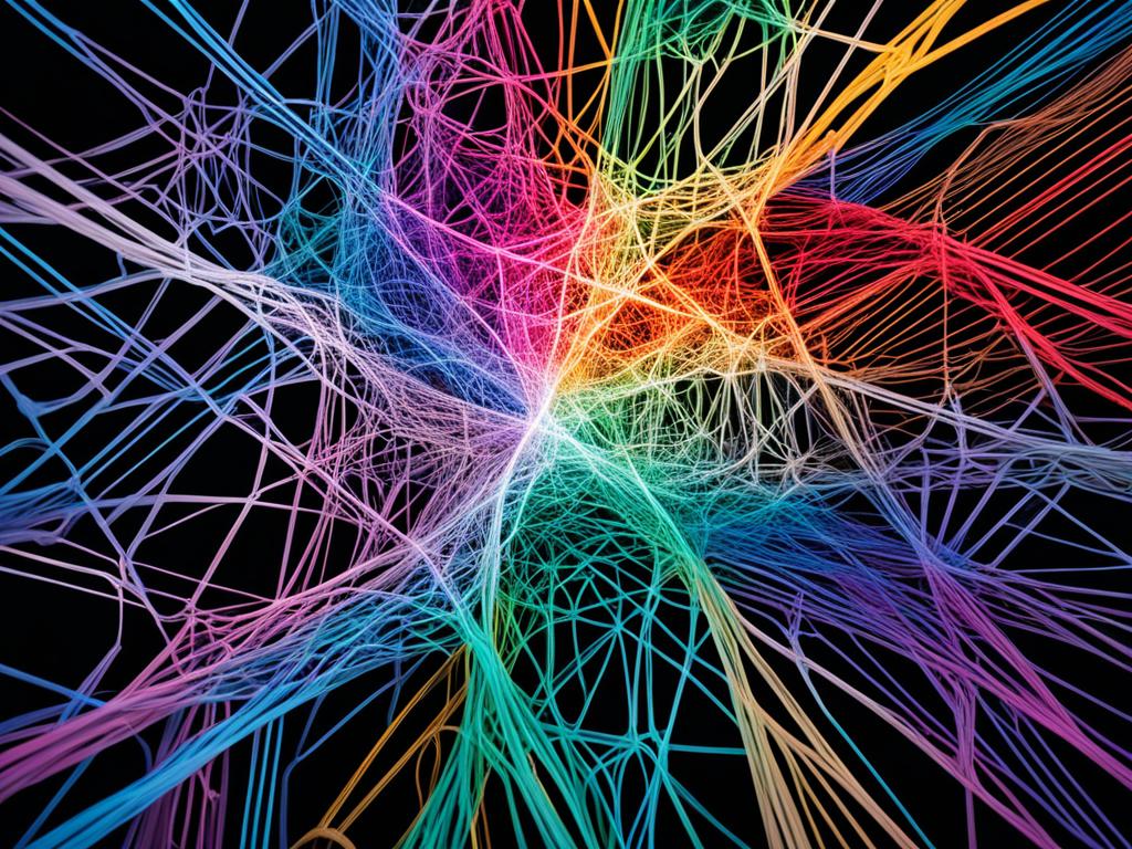 A tangled web of colorful lines, each representing a different programming language, intertwining and overlapping to create a complex and vibrant network.