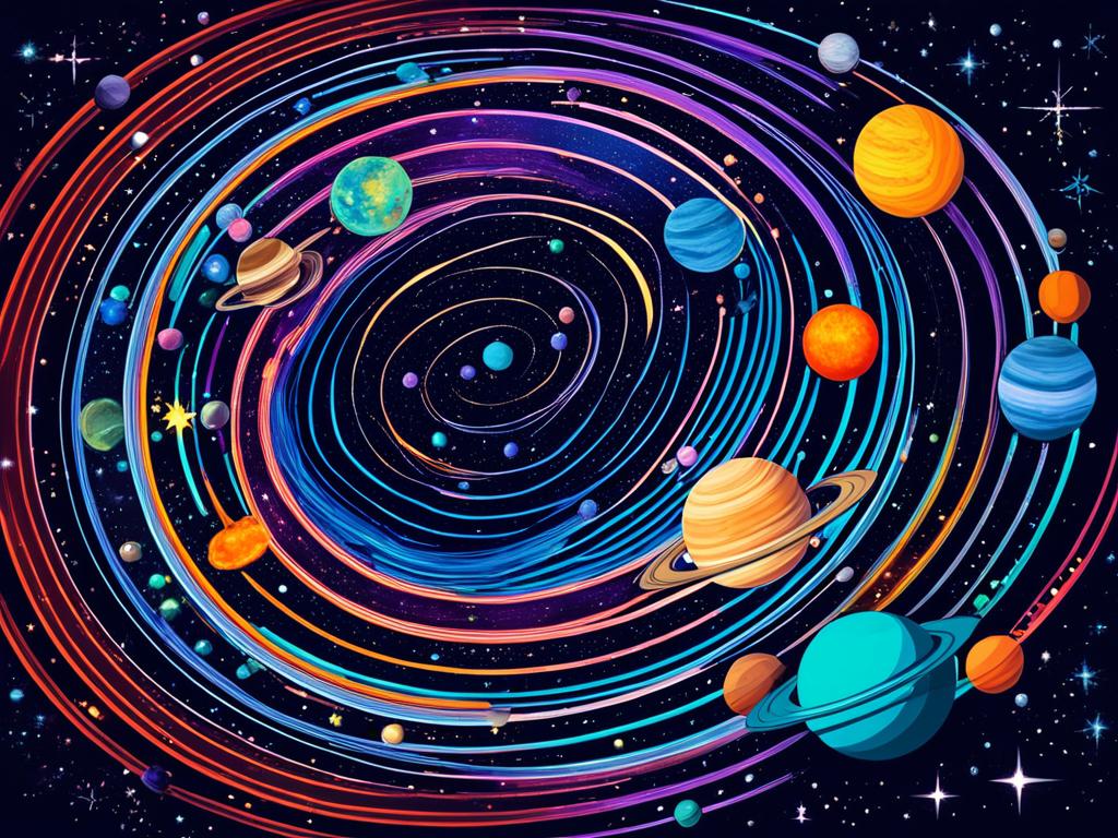 An image of a colorful galaxy, with different-shaped planets and stars, each representing a different programming paradigm. Each planet has its own distinct characteristics, such as functional programming being represented by a planet covered in mathematical equations, and object-oriented programming having a planet filled with interconnected objects. The stars are connected by lines showing how the paradigms intersect and overlap in the programming world.