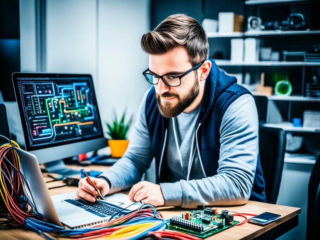 An amateur programmer working on a laptop, surrounded by colorful wires and circuit boards, while sketching out ideas in a notebook. In the background, a mobile phone with an app development interface is displayed on the screen.