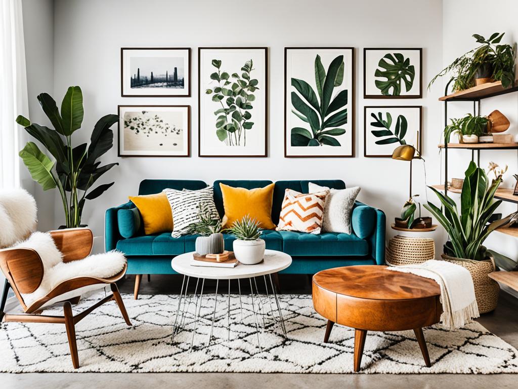 An image showcasing different interior design styles, such as minimalist, industrial, bohemian, and mid-century modern. The image uses contrasting colors and textures to highlight the unique elements of each style. Furniture and decor pieces that are iconic to each style are incorporated, like a shag rug for bohemian or an Eames chair for mid-century modern. Some greenery or artwork are added to bring life and personality to the space.