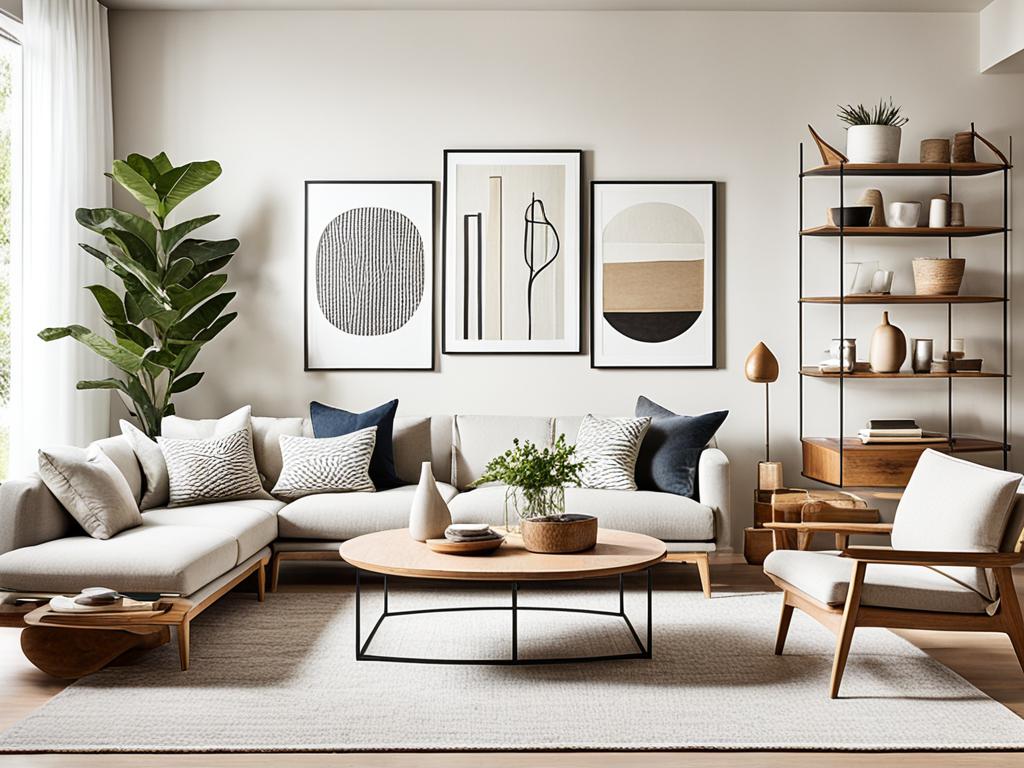 A clutter-free living room with a neutral color palette. The image emphasize clean lines and geometric shapes in the furniture and decor. It uses natural materials like wood and stone to add warmth and texture to the space. The room is open and airy, with minimal accessories and artwork. The image focus on simplicity and functionality in the design.