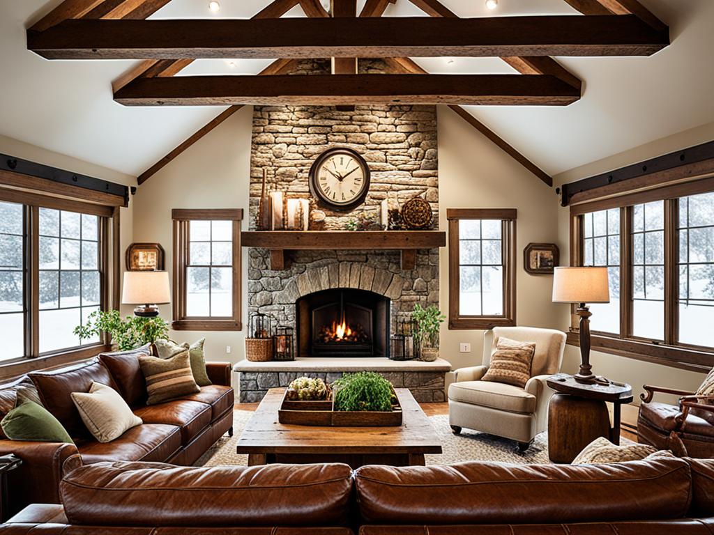 A cozy living room with wooden beams on the ceiling and a stone fireplace. The furniture are made of natural materials like leather and wood, and the color palette includes warm earth tones like browns, beiges, and greens. Some vintage accents are added like an old-fashioned lantern or a rusty metal sign to enhance the rustic charm.