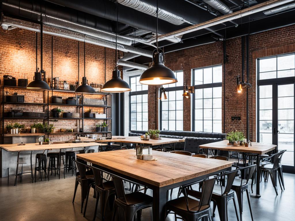 A gritty, urban setting with exposed brick walls and raw concrete floors. Industrial-style furniture, such as metal and wood chairs, tables, and shelving units, add a touch of functionality to the space. Large, metal pendant lights hang from the ceiling, casting a warm glow over the room. The overall aesthetic is edgy and sophisticated, with a focus on a raw, unfinished look.