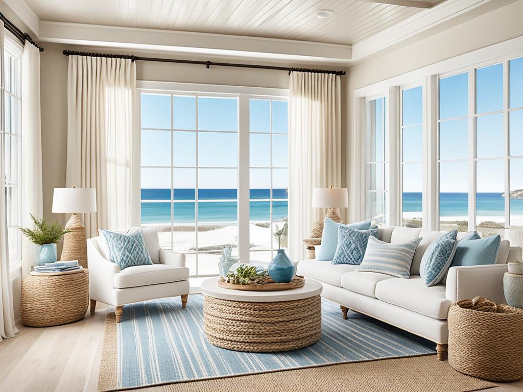 An image of a living room with coastal design elements such as white-washed wood paneling, light blue and sandy beige color scheme, natural woven textures, and shell accents. The room has a cozy white sofa with blue throw pillows, a jute rug, and large windows with sheer curtains allowing for a view of the ocean. The space feels bright and airy with a relaxed yet chic aesthetic.