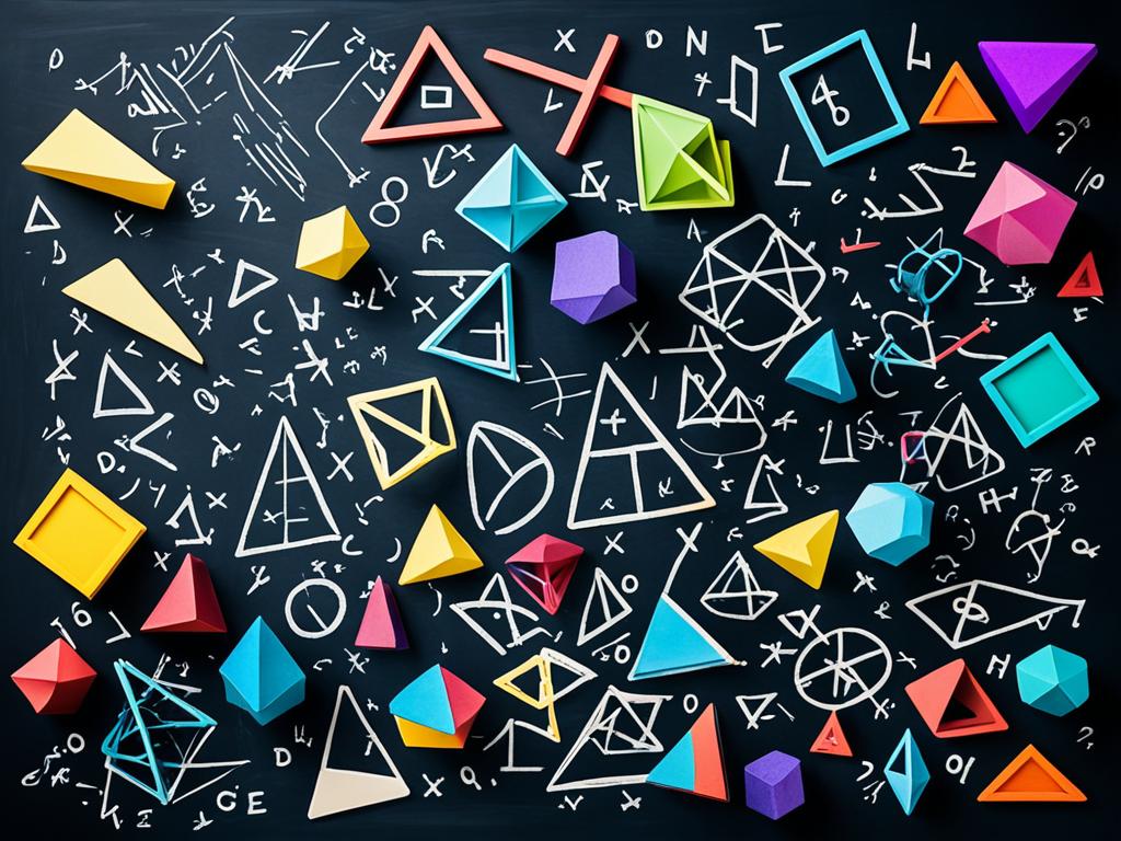 An abstract image of multiple-colored geometric shapes hovering over a blackboard with scattered algebra expressions.