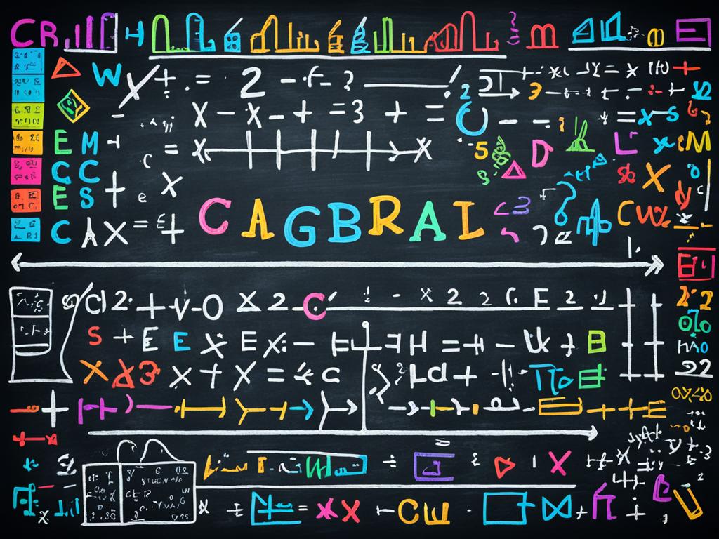 An image of a chalkboard covered in colourful symbols and equations, showcasing the beauty and complexity of algebraic expressions. It emphasizes the multitude of variables and constants interacting with each other to create a harmonious result. It includes geometric shapes and graphs to convey the practical applications and importance of algebra in fields such as science, engineering, and economics.