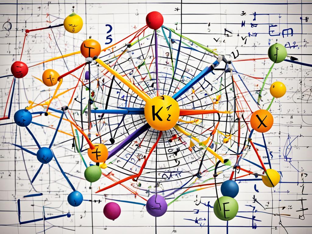 A tangled web of algebraic expressions and equations, with variables represented by different colors and shapes. Some equations are solved, while others are waiting for a mathematician to unravel them. The background is filled with graph paper and various mathematical symbols, such as fractions, exponents, and brackets. The image conveys a sense of complexity and mystery, inviting the viewer to delve deeper into the world of algebra.