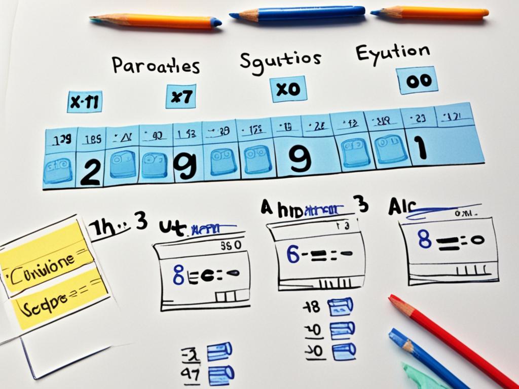 An image that visually represents the process of solving algebraic equations, showcasing the use of variables, coefficients, and operations such as addition, subtraction, multiplication, and division. It uses a colour scheme that highlights the important elements and emphasizes the different steps involved in solving equations. Incorporate symbols such as parentheses, brackets, and equal signs to further demonstrate the structure and logic of algebraic expressions.