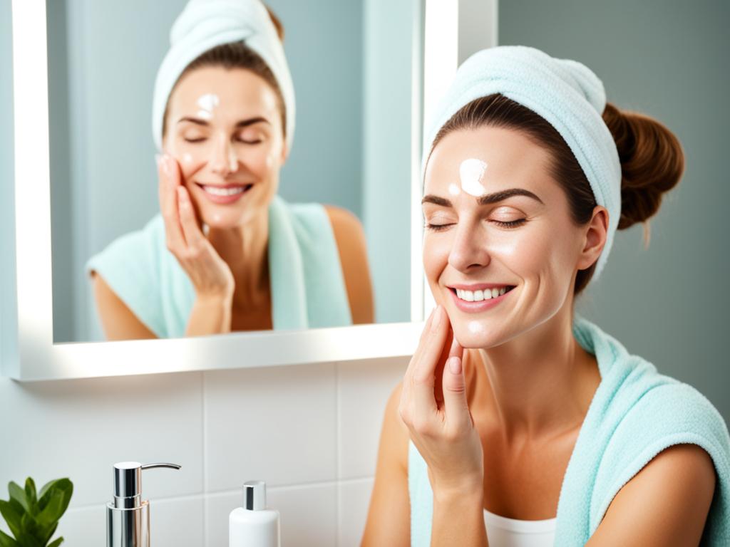 Beauty: A woman sitting in front of a mirror, using a facial cleanser to remove impurities from her skin. She massages the cleanser onto her face in circular motions, focusing on her forehead, nose, and cheeks. She then rinses her face with cool water and pats it dry with a clean towel. Next, she applies a brightening serum to her skin, gently massaging it in to help restore radiance to her complexion. Finally, she finishes off her skincare routine by applying a moisturizer to her face and neck, ensuring that her skin stays hydrated and nourished throughout the day.