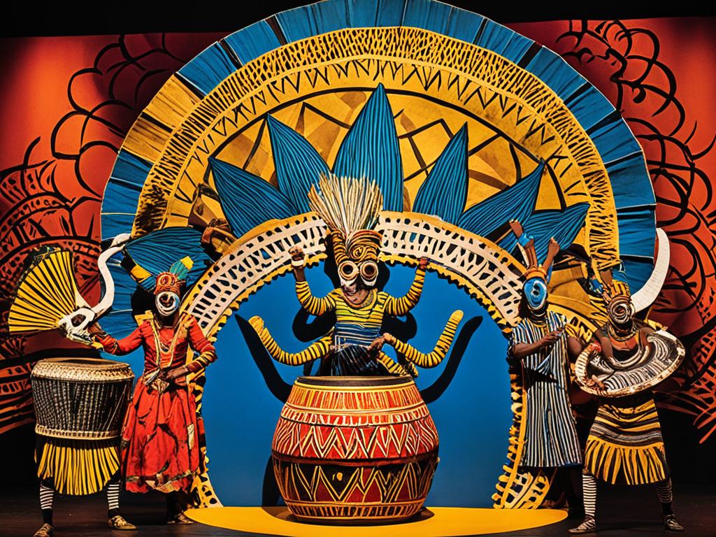 An image of an African theatre incorporating vibrant colours and patterns inspired by traditional African art. It includes elements such as masks, drums, and other traditional instruments to showcase the cultural significance of African theatre. It uses lighting to create a sense of drama and highlight the intensity of the performances. It hints at the rich history and storytelling tradition of African theatre by including subtle references to mythological characters or traditional tales.