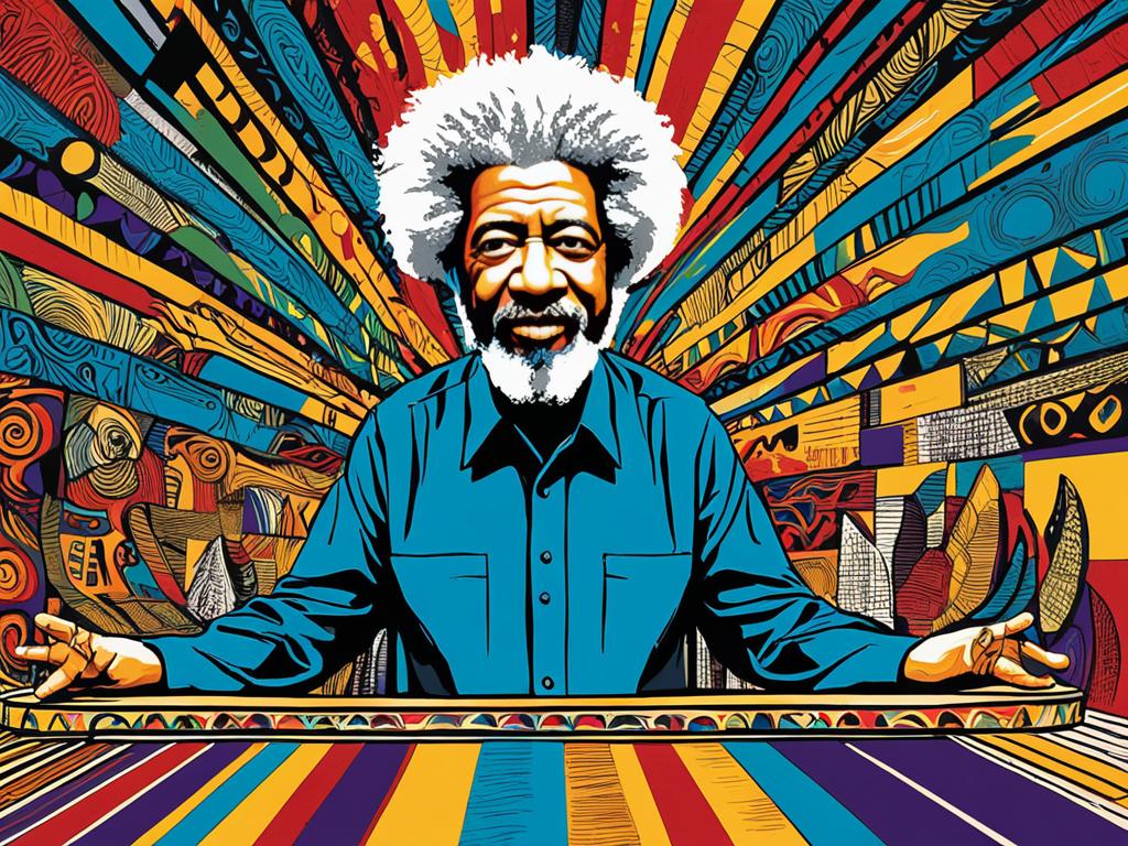 An image of Wole Soyinka that captures the spirit of his African Theatre. The image uses bold colours and dynamic lines to convey the energy and vibrancy of his work and emphasize the cultural roots of his writing with imagery that evokes traditional African art forms. Incorporate themes of community, resistance, and social justice to reflect Soyinka's commitment to telling stories that challenge and inspire. The image captures the essence of Soyinka's artistic vision in a visually compelling way.