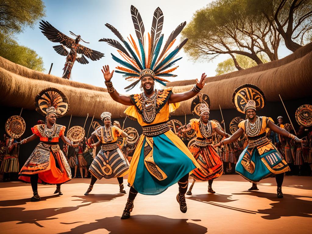 Vibrant colours and patterns depicting traditional African attire worn by characters in performance, surrounded by a stage set with intricate tribal patterns and symbolic props. The figures are posed dynamically, expressing emotion and movement in an energetic and dramatic way. The background hints at the natural world, with trees and wildlife in the distance, adding to the atmosphere of storytelling and tradition.