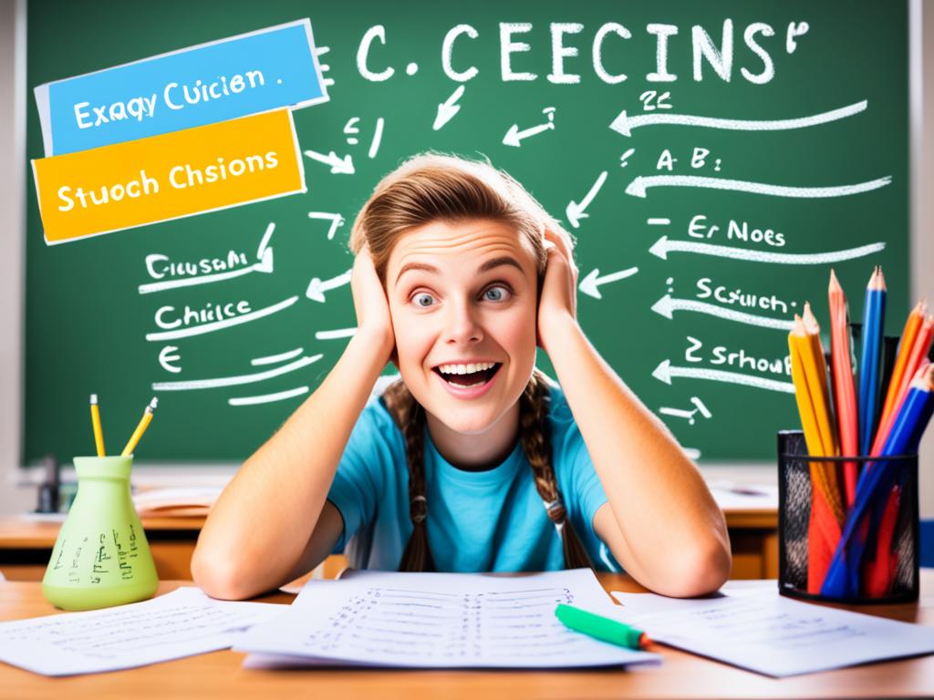 An image that depicts a student sitting at a desk with a sheet of paper in front of her, surrounded by various objects that represent the exam format. It shows multiple choice questions, essay questions, a timer ticking down, and scratch paper with notes scribbled on it. The background has a chalkboard with equations and formulas written on it. The student mouth is open with hands on her head.