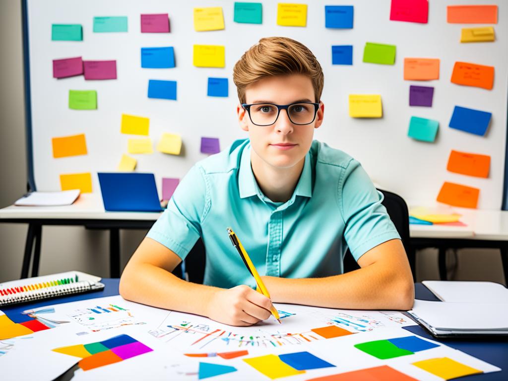 Exam: An image of a student sitting at a desk with various colours and shapes surrounding him. The student is holding a pen and notebook. The colours and shapes represent different note-taking techniques such as mind mapping, bullet points, and diagrams. It shows how the various techniques intertwine and connect to each other, emphasizing the importance of using a variety of methods when taking notes.