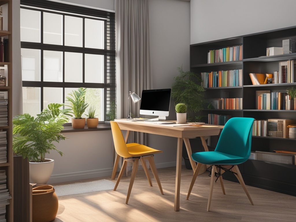 A serene study area with a desk adorned with brightly colored stationery, surrounded by shelves stacked with neatly organized textbooks and reference materials. The area is well-lit with natural light streaming in from a nearby window and a minimalist desk lamp. A comfortable chair is pulled up to the desk, and a desktop is on the desk. A potted plant adds a touch of greenery to the space, creating a calming atmosphere for focused studying.