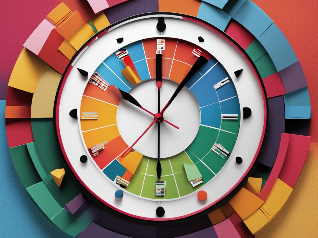 An illustration of a clock with hands representing different activities such as studying, sleeping, exercising, and socializing. Each activity has its unique color-coded section on the clock, showing how time can and should be divided up for effective time management.