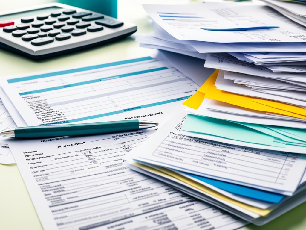 Taxes: A neat stack of papers with different financial statements and receipts, arranged in chronological order. The papers are bound together with a clip, sitting on top of a plain white table. A pen and highlighter sit nearby along with a calculator and notebook. In the background, there is an open filing cabinet with labeled folders for different types of expenses. The overall color scheme is muted shades of blue and green.