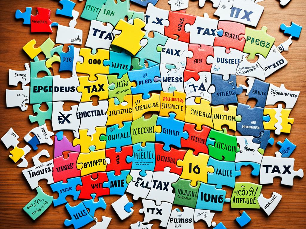 A colorful puzzle made up of various tax deduction items, such as charitable donations, business expenses, medical expenses, and education expenses. Some of the puzzle pieces are larger than others, indicating bigger deductions. The puzzle is incomplete, with some pieces missing, representing that there could be more possible deductions that the viewer may have missed