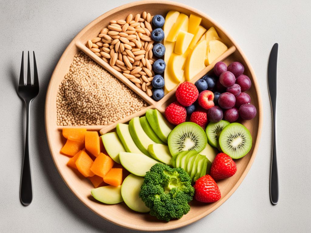 An image of a plate with equal portions of different food groups. It incorporates colorful fruits and vegetables alongside lean proteins and whole grains to ensure a well-rounded meal.